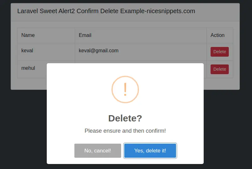 Laravel Sweet Alert2 Confirm Delete Example