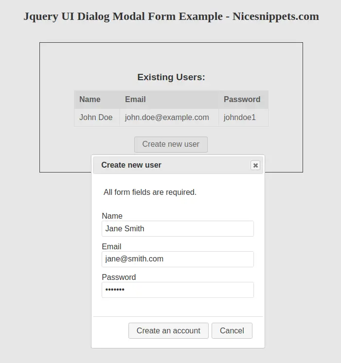 Jquery UI Dialog Modal Form Example