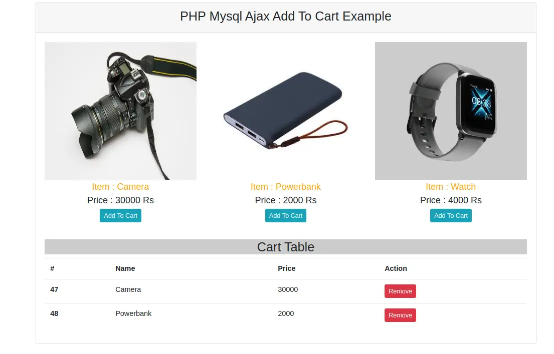 Add to Cart in PHP MySQL using Ajax Example