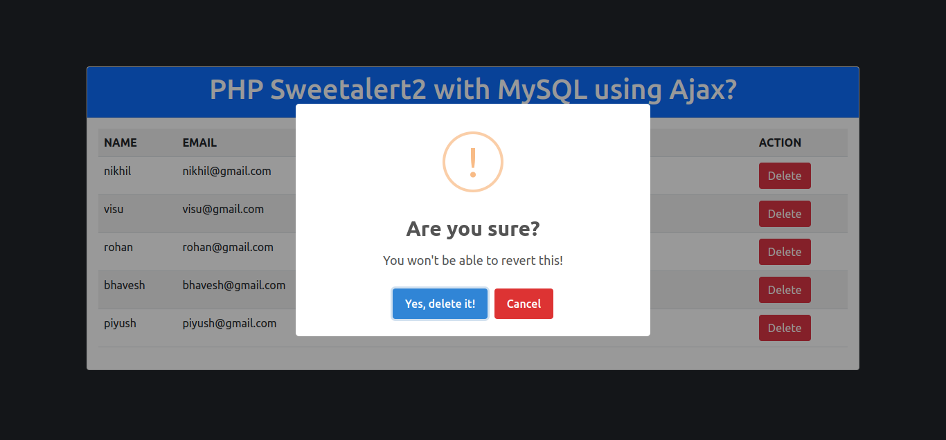 PHP Sweetalert2  with MySQL using Ajax Example